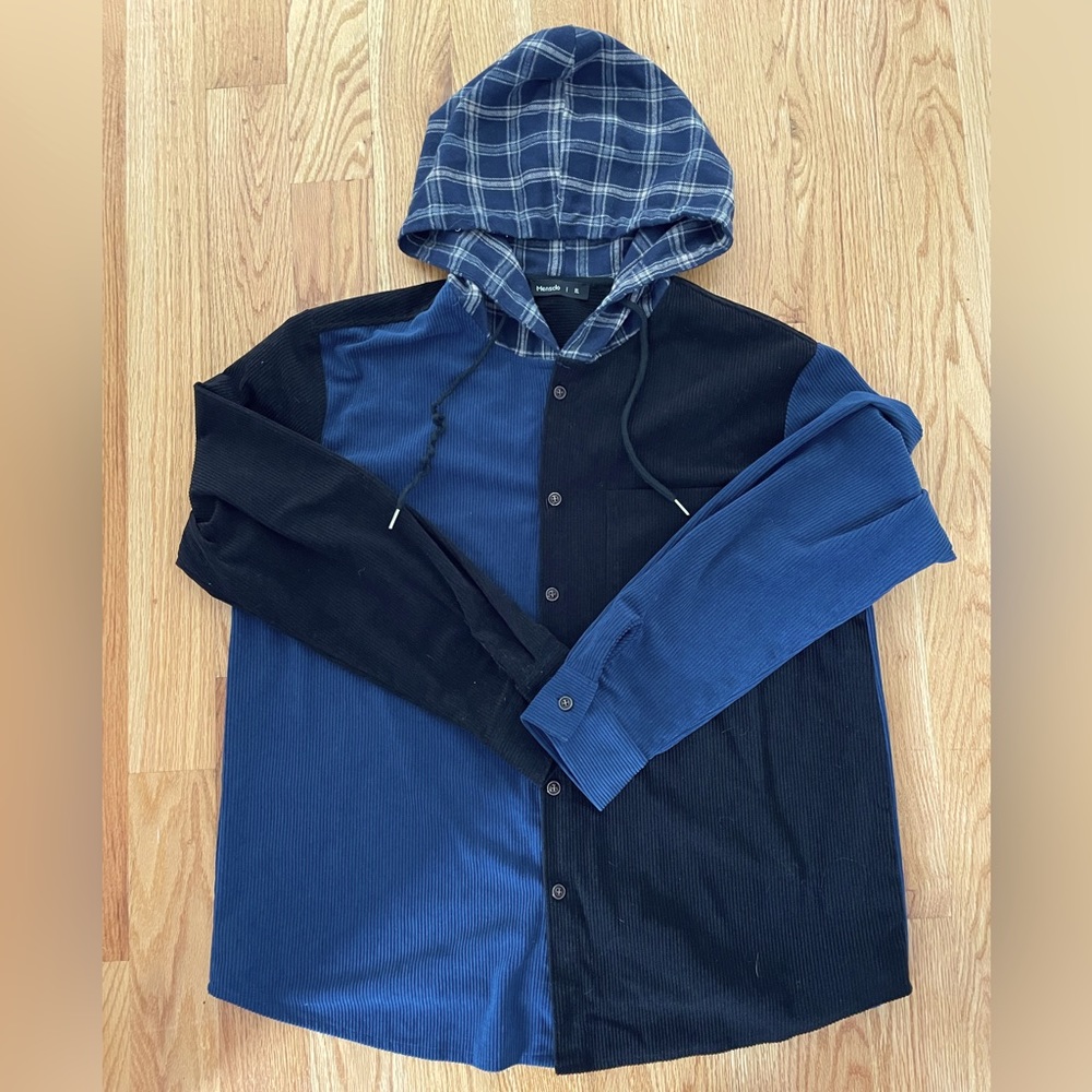 Blue and Black XL Mensclo Button-Up Hoodie